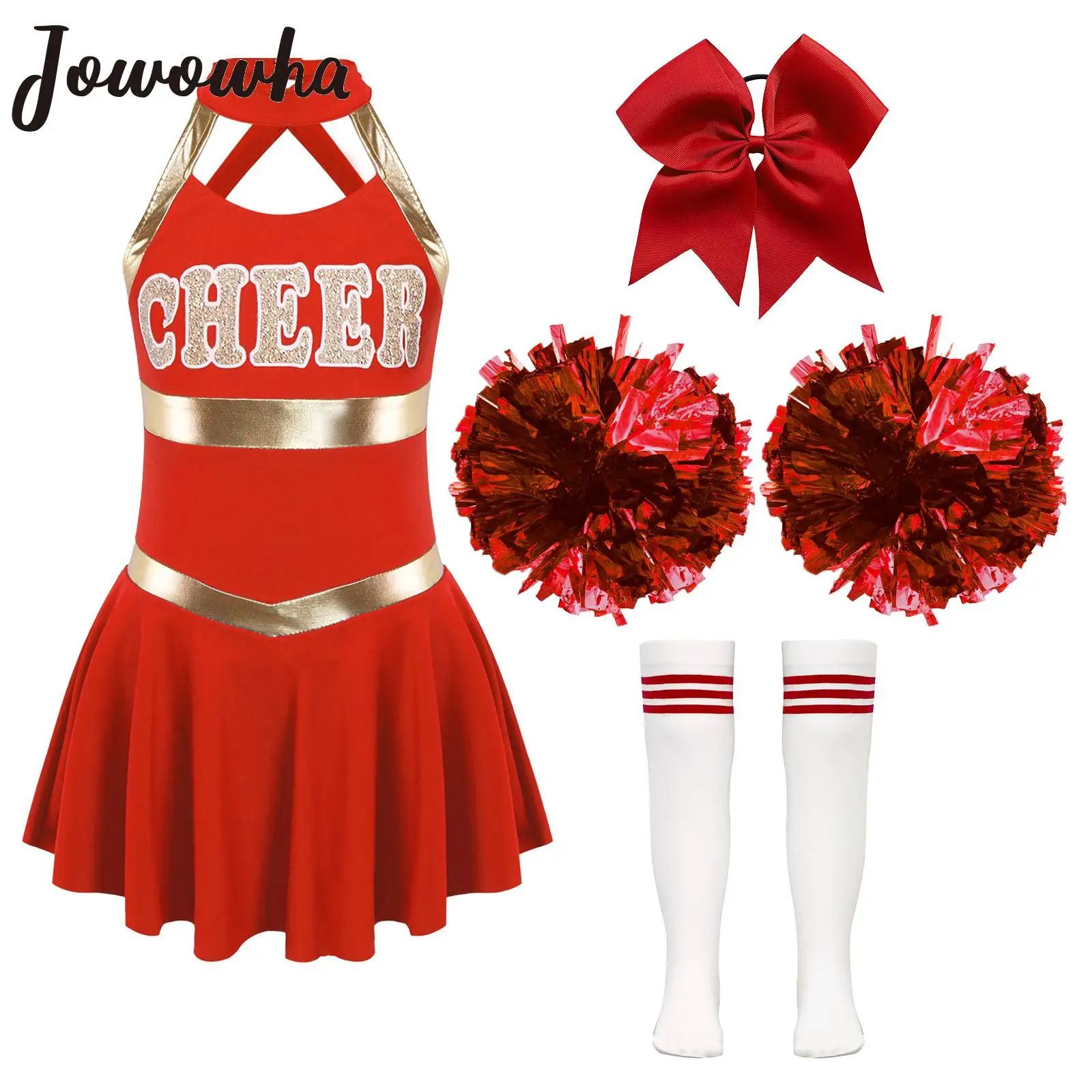 

Kids Girls Halloween Cheerleader Cosplay Costume Cheerleading Dance Performance Outfits Uniforms Sleeveless Letter Print Dress