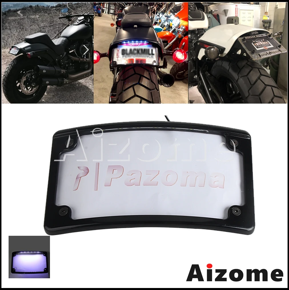 

Motorcycle Rear License Plate Holder Bracket LED Light Plate Frame White Lamps Curved For Harley Fat Bob FXFB/FXFBS 18-24 Black