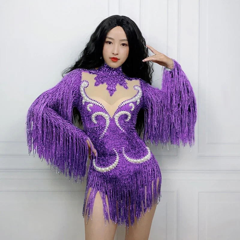 

Women Party Stretch Clothing Drag Queen Costume Stage Dj Ds Festival Outfit 9 Colors Fringed Sleeves Rhinestones Bodysuit