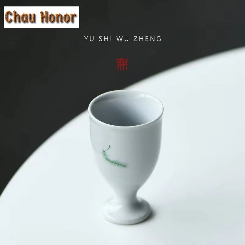 2pc/lot Mural Painting Pine Branch Ceramic Teacup White Porcelain Fragrance Smelling Cup Antique High Legged Cordial Glass 50ml