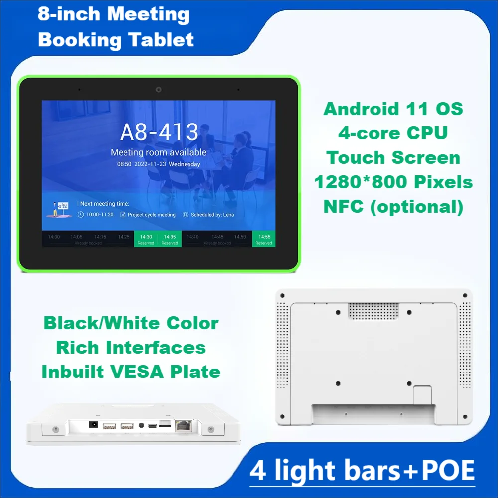 

8 Inch Meeting Booking Tablet With 4 LED Light Bars Support POE Power NFC Contactless Card Reader Wall Mount Smart Home Display