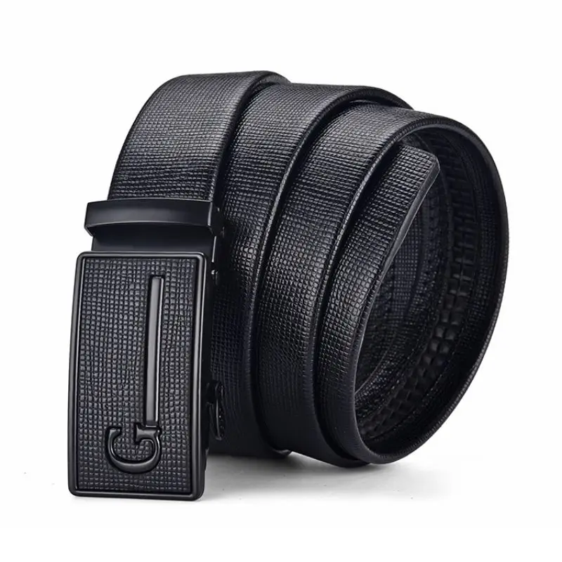 High Quality Men Leather Belt Metal Automatic Buckle Work Business Black Cowskin PU Strap_voghion.com