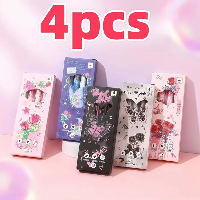 4Pcs Butterfly Rose Gel Pens Set, 0.5mm Fine Point Floral Print Ballpoint Pens for Office Daily Writing Journal Stationery Gift 1