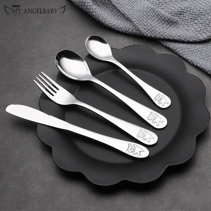 

4pcs/set Baby Teaspoon Spoon Food Feeding Fork Knife Utensils Set Stainless Steel Kids Learning Eating Habit Children Tableware