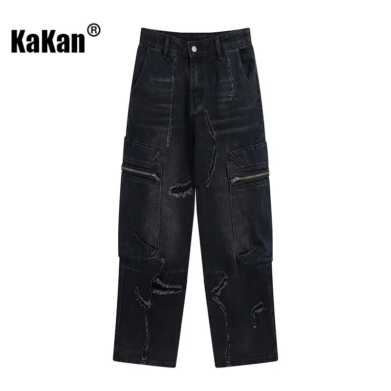Kakan - Europe and The United States New Retro Ripped Hole Jeans Men's, Zipper Straight Tide Long Black Jeans K27