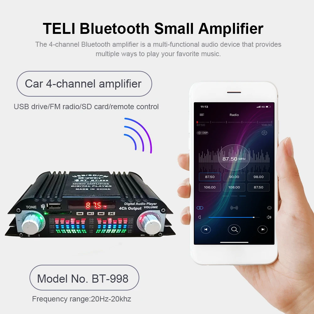 Black Aluminum Alloy Home Audio Power Amplifier with Bluetooth and FM Radio