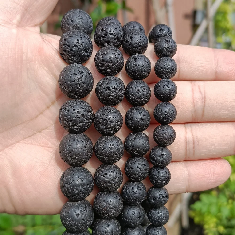 Natural Black Volcanic Lava Stone Beads Round Loose Spacer Bead