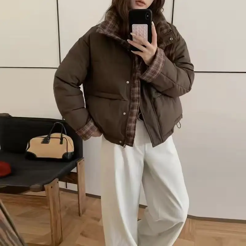 Winter Patchwork Parkas for Women Winter Warm Large Lapel Crop Coats Y2K Korean Sweet Preppy Loose Puffer Outerwear Mujer
