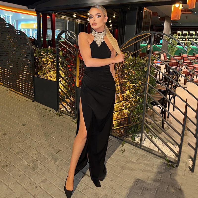 

Thinyfull Formal Prom Evening Dresses Black Halter High Split Floor Length Party Dress Simple Cocktail Gowns Saudi Arabia Dubai