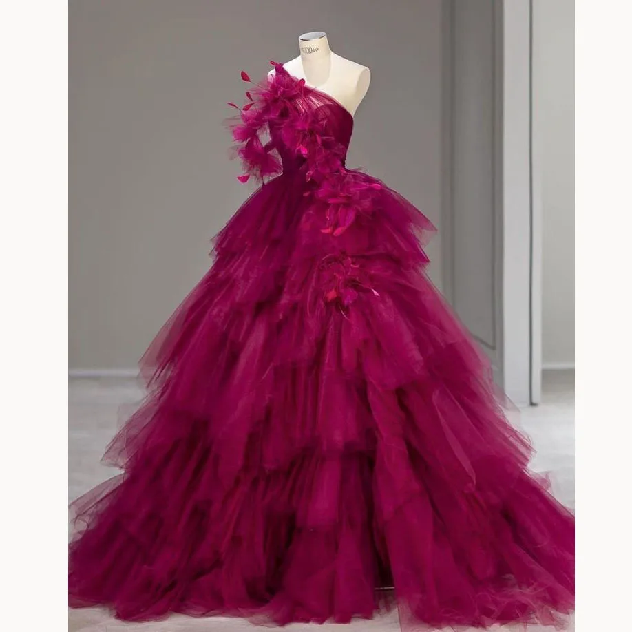 Layered Flower One Shoulder Sweep Train Tulle Dress Cabernet