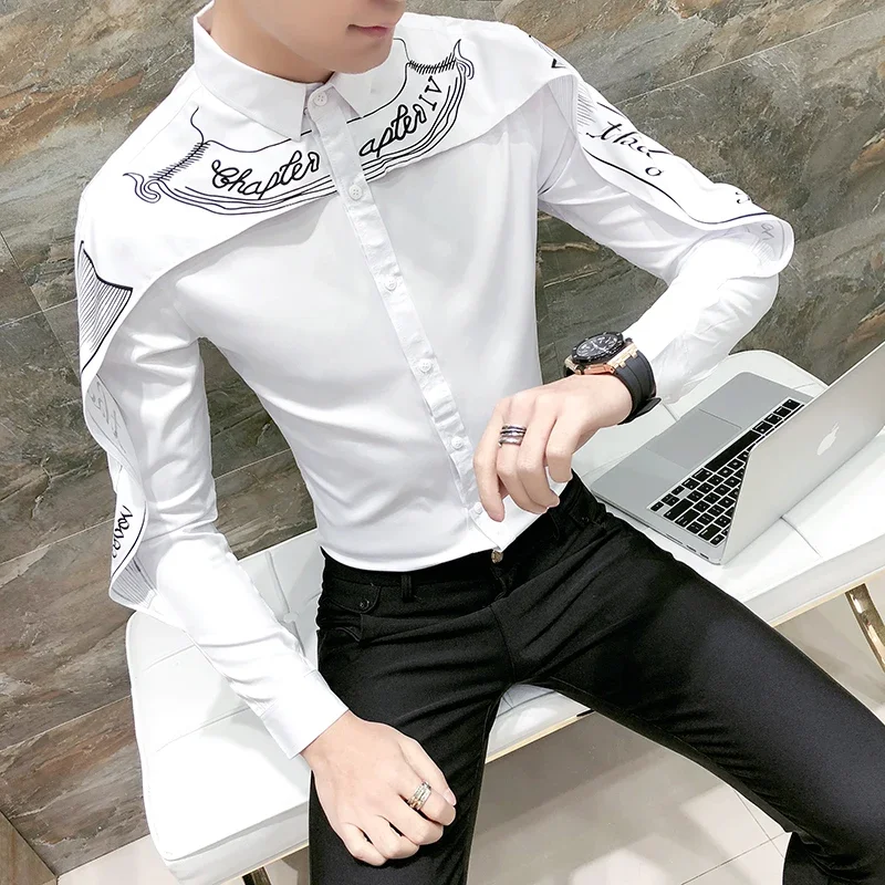 Fashion Shirt Men Shawl Print Slim Fit Mens Long Sleeve Tuxedo Shirts Black White Trendy Nightclub Prom Dress Shirt Male