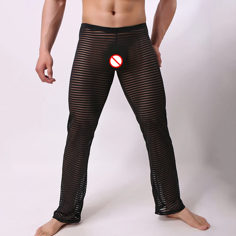 Sexy Men Sleepwear Pants See-Through Breathable Stripe Breathable Soft Pajamas Sleep Bottoms  Trousers Homewear Underpants men's pajama sets