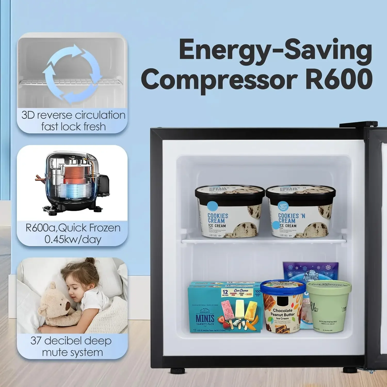 1.1 Cu.ft Mini Freezer, Small Upright Freezer with Removable Shelves, Adjustable Thermostat,Reversible Door Hinge, Quiet Compact 5