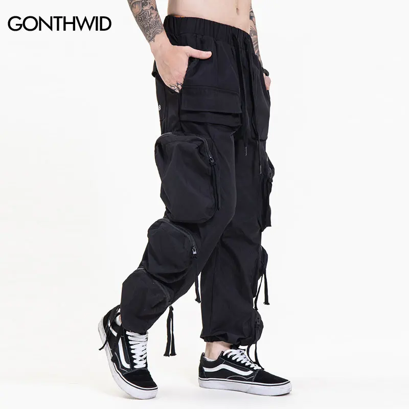Hip Hop Cargo Pants Y2K Streetwear Men Multi Zipper Pockets Harem Jogger Pants Fashion Harajuku Casual Baggy Streetwear Trousers