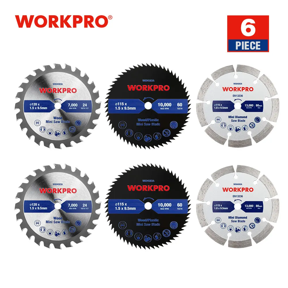 

Диск циркулярной пилы WORKPRO диаметром 115/120 мм TCT для дерева, пластика, бетона, подходит для отверстия инструмента диаметром 9,5 мм, 6 шт.