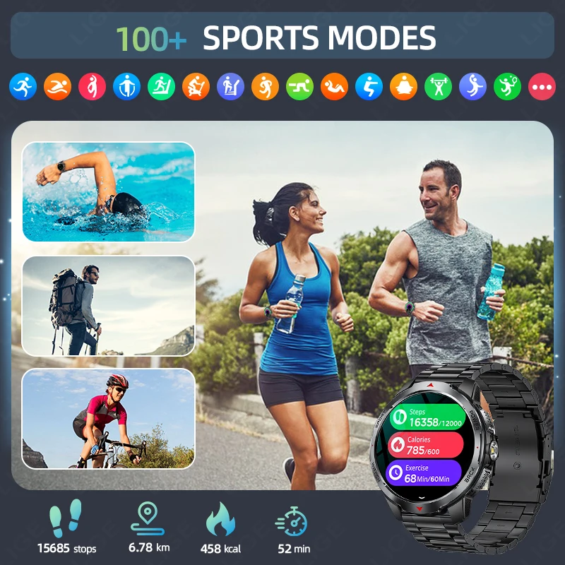LIGE 1100mAh Large Battery Adult Smart Watch Men Compass Flashlight 3ATM Waterproof BT Call Heart Rate Sports Fitness Smartwatch