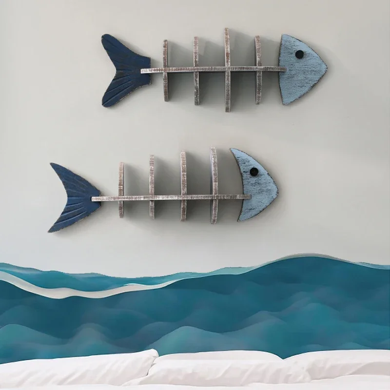 Nordic Style Wall Wooden Fish Row Shelf Cafe Living Room