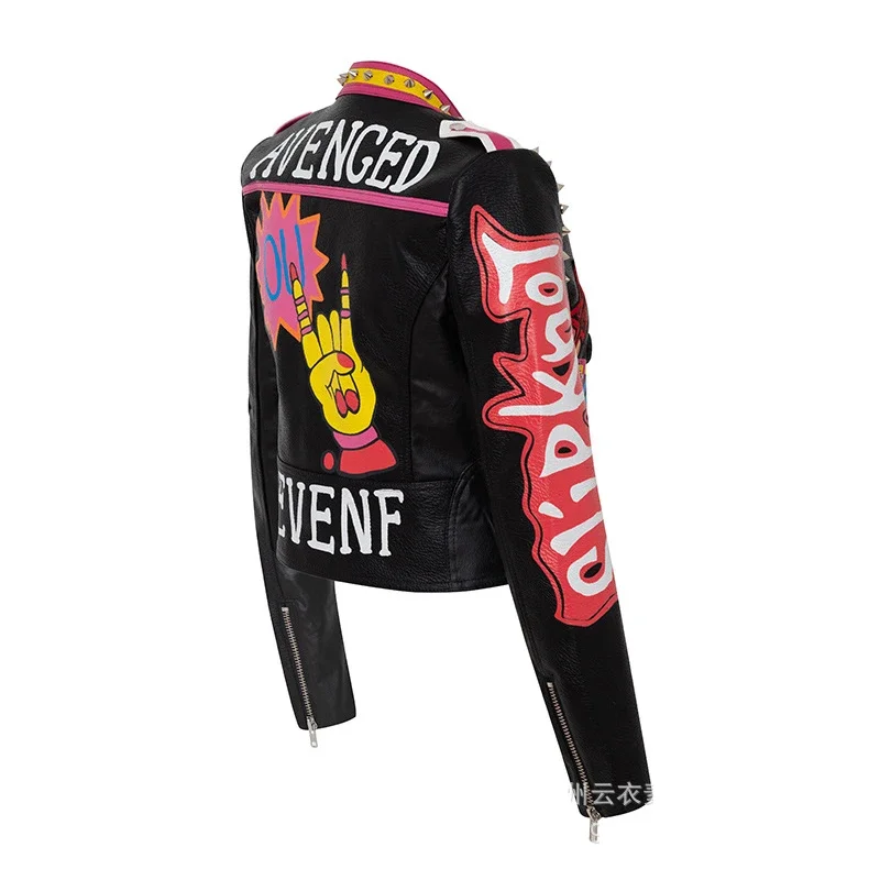 Graffiti Print Motorcycle Jacket for Women 2024 Trend Rivets Punk Style Streetwear Black Cropped Faux Leather Jackets