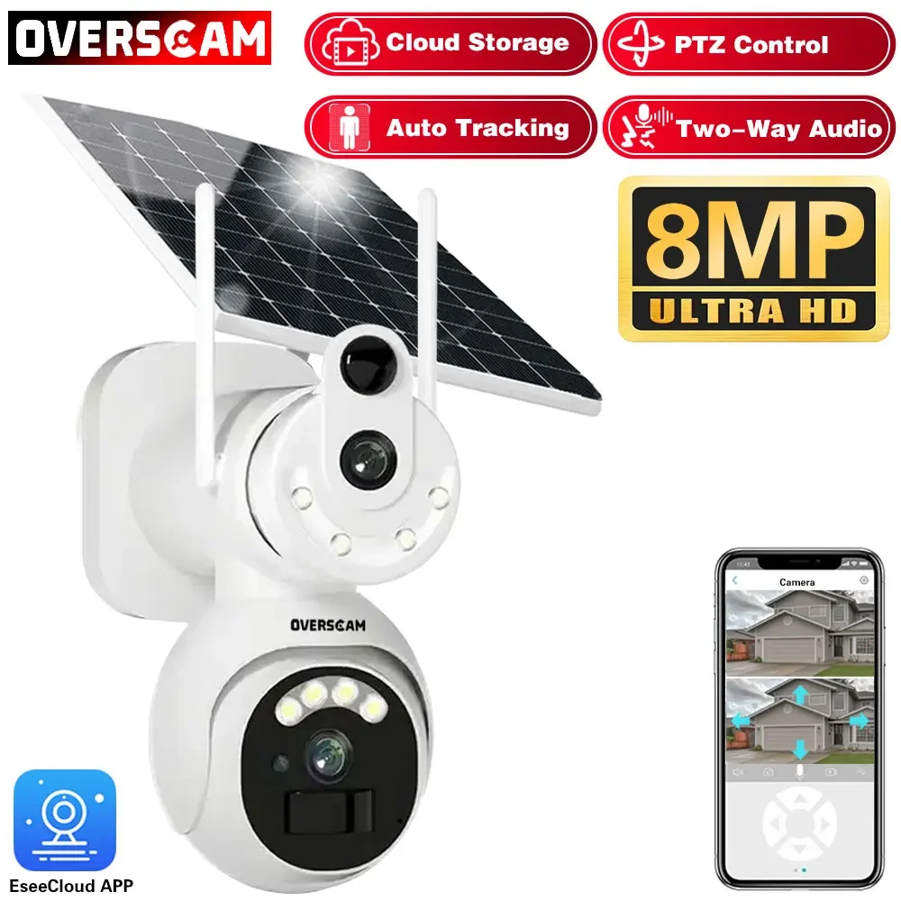 4K 8Mp Wifi Dual Lens Ptz Solar Camera Dual Screen Pir Human Tracking Outdoor Wifi Security Cctv Surveillance Ip White Camera