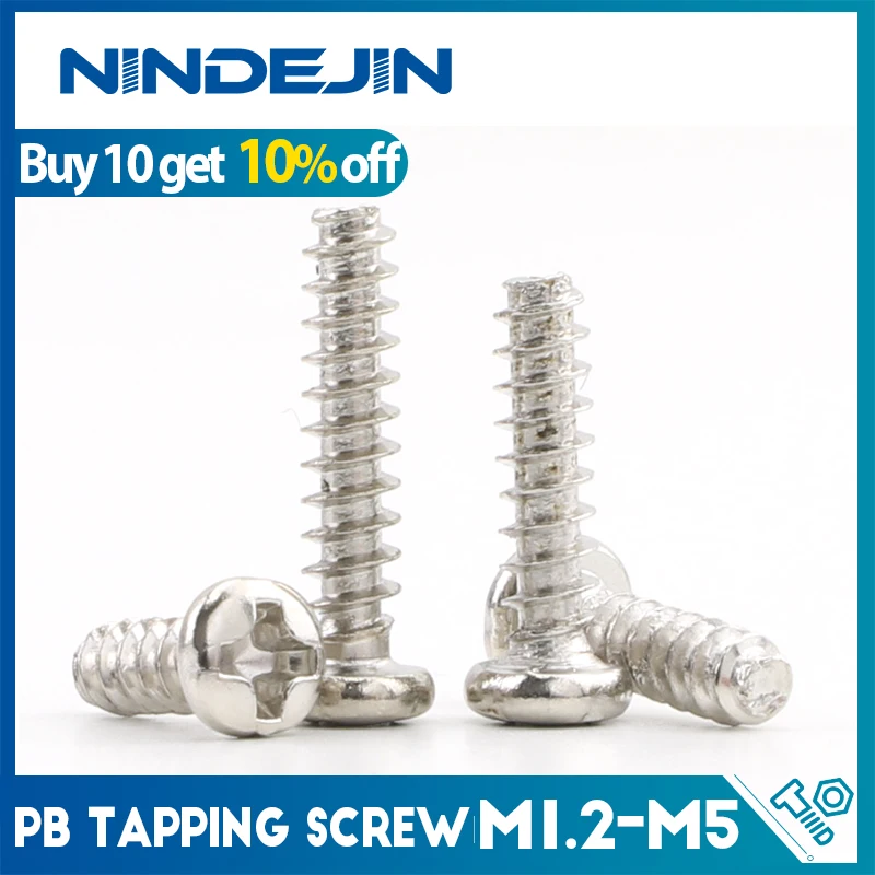 NINDEJIN Cross Recessed Round Head Tapping Screws Flat Tail Carbon Steel M1.2 M1.7 M2 M2.6 M3 M4 M5 Phillips Self tapping Screw