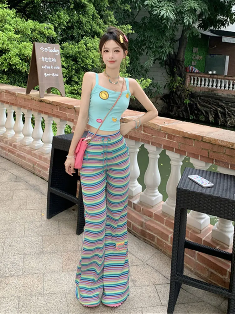 

Song Yuqi-Rainbow Stripe Casual Pants for Girls, Dopamine Wearing Slim Fit, Colored, Micro Flared Long Pants, Y2K, Summer
