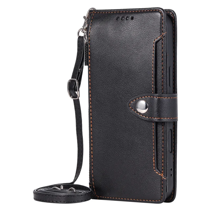 Solid Color Wallet Case with Long Strap and Zipper Leather Bag