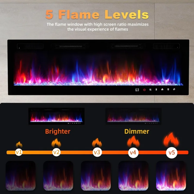 Electric Fireplace Insert 70" Realsmart 1500W Wall Mounted Electric Fireplaces Recessed Heaters,Remote Control Fireplace Screen
