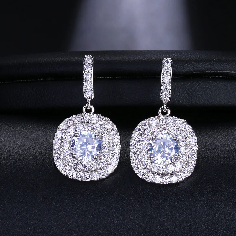 

14K Gold Plated Sterling Silver Post Halo Cubic Zirconia Stud Earrings for Women Leverback Dangle Bridal Earrings Set