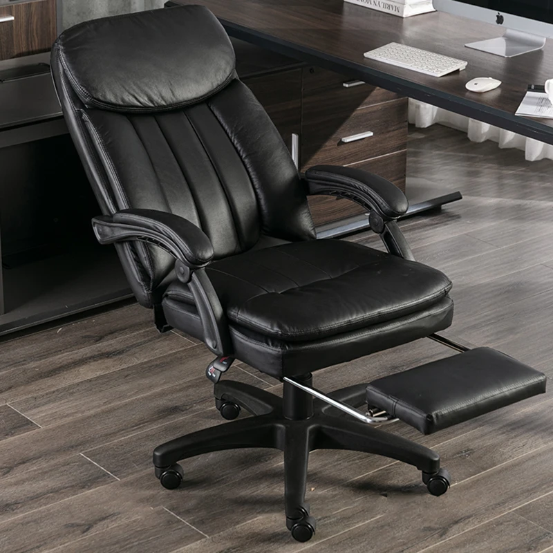 

Leather Wheels Office Chair Lumbar Back Support Luxury Office Chair Modern Comfort With Footrest Silla Plegable Home Supplies