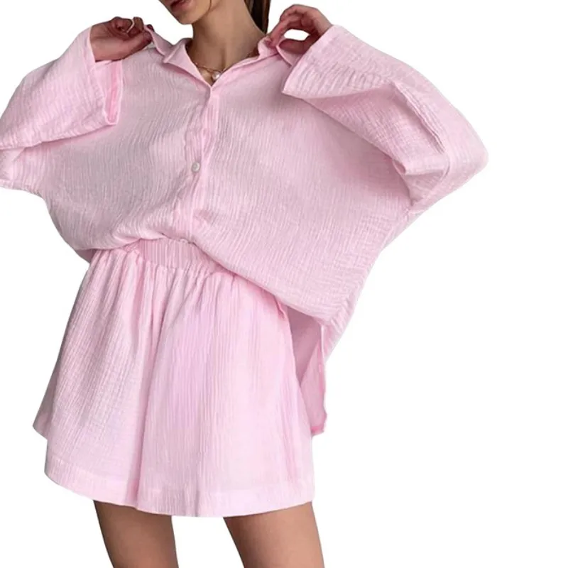 

Autumn Summer Basics Pajamas Sets Solid Color Women Button Down Lapel Neck Shirt Tops and Elastic Shorts Loose 2pcs Homewear