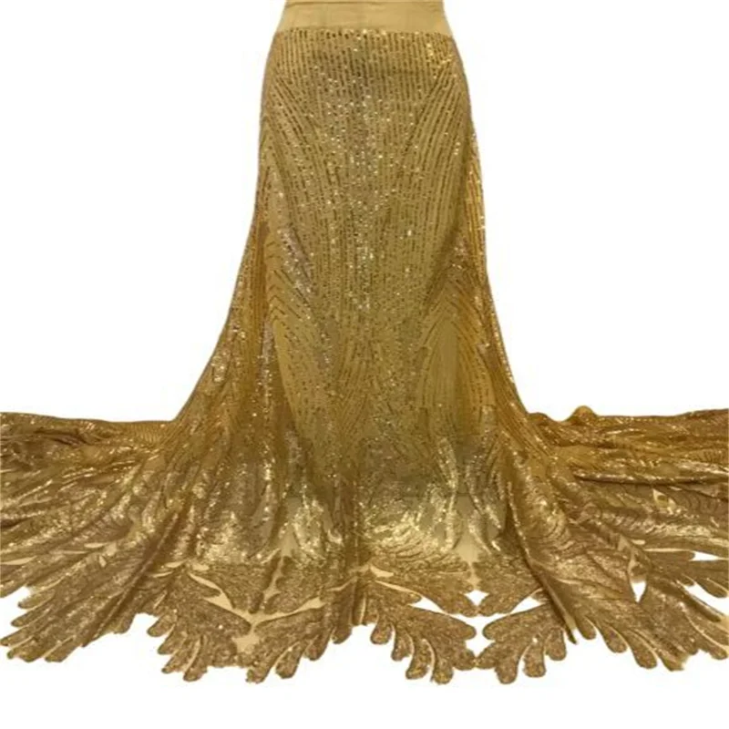 

Gold French Sequins Tulle Lace Fabric Embroidery Royal Blue Nigerian Mesh Lace Fabrics 5 Yards African Lace Fabric For Wedding