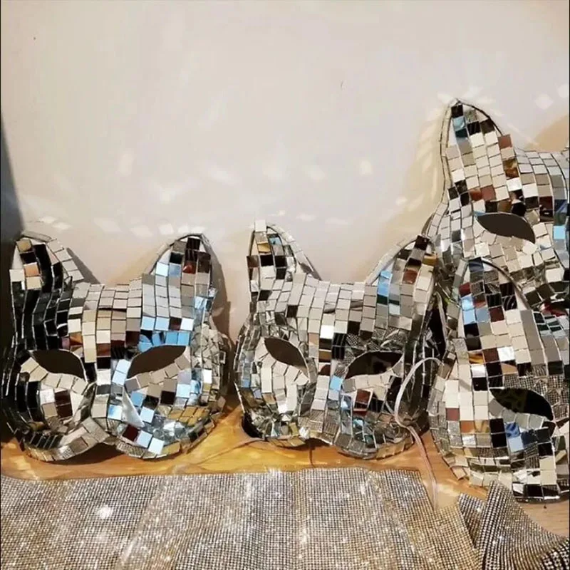 Fox Mirror Cat mask Women DJ dance Glass Stage Sliver Folk Dance Party Wear