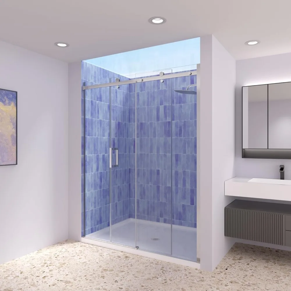 Shower Door, 56-60" W X 74" H Single Sliding Frameless Shower Door with Magnet,5/16" (8mm) Clear Tempered Glass, Chrome 6