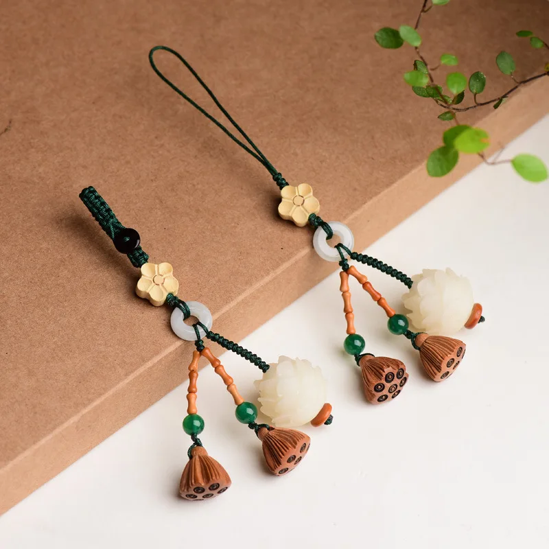 

CreativeBodhi Lotus car keychain pendant peach lotus cute and delicate mobile phone pendant men and women couple pendant rope