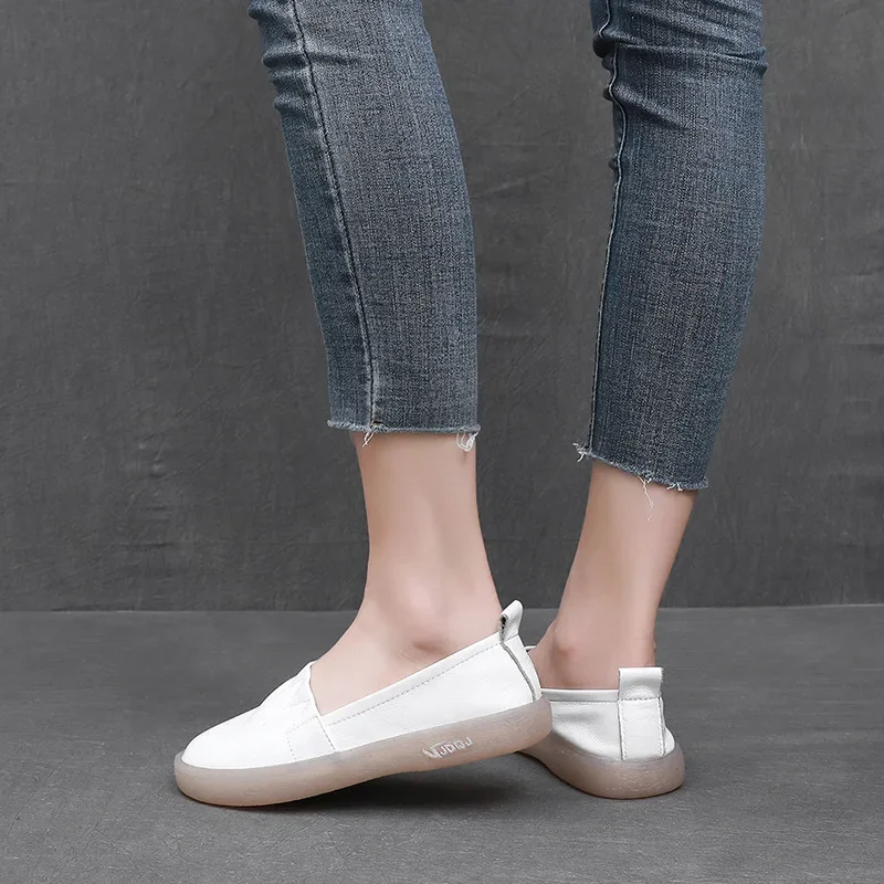 Spring Women Loafers Shallow Authentic Leather Casual Flat Shoes Women Boat Shoes Soft Genuine Leather Shoes White 5