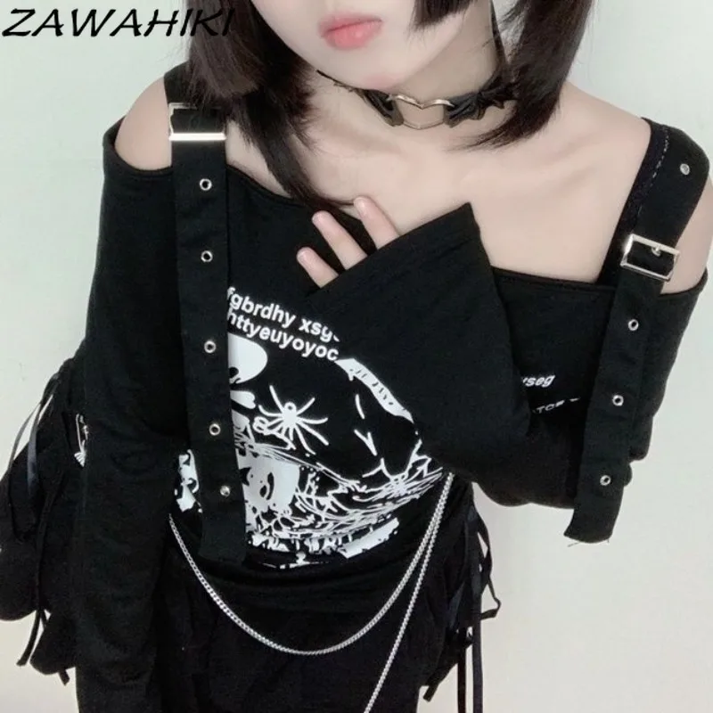 

Женские футболки zawхитки с вырезом лодочкой и длинным рукавом, темные японские милые модные топы Y2K с графическим принтом и надписью в стиле гранж