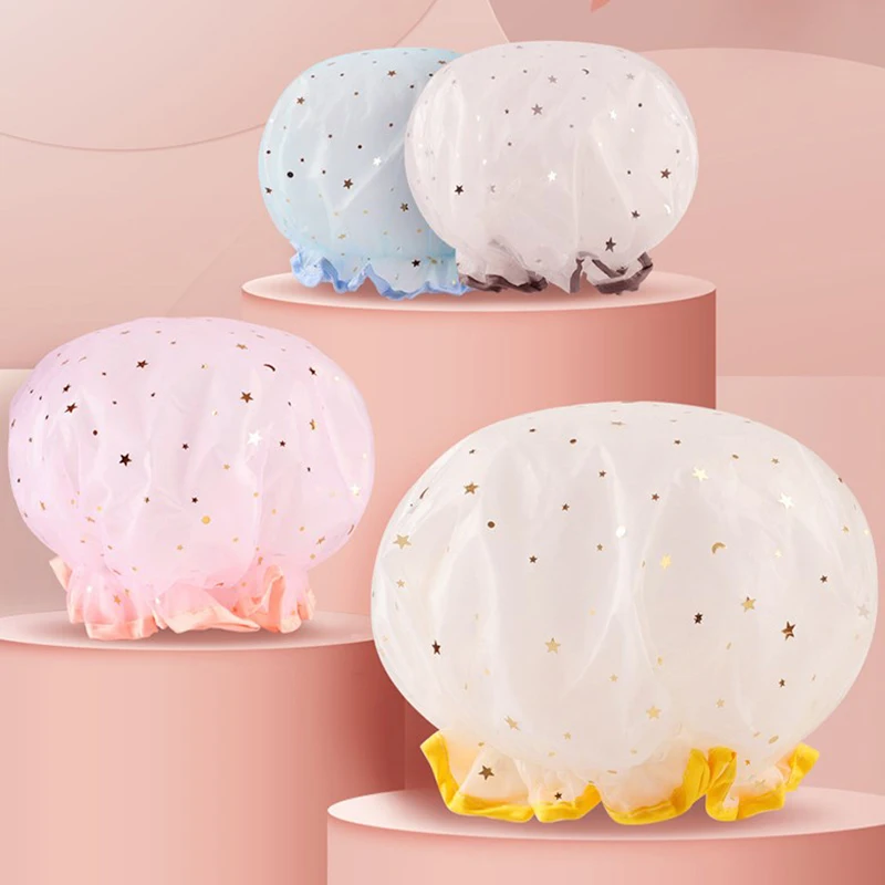 

Double Layer Starry Sky Design Thick Waterproof Shower Cap Star Pattern Bathroom Hair Salon Supplies Bath Hat Bonnets For Women