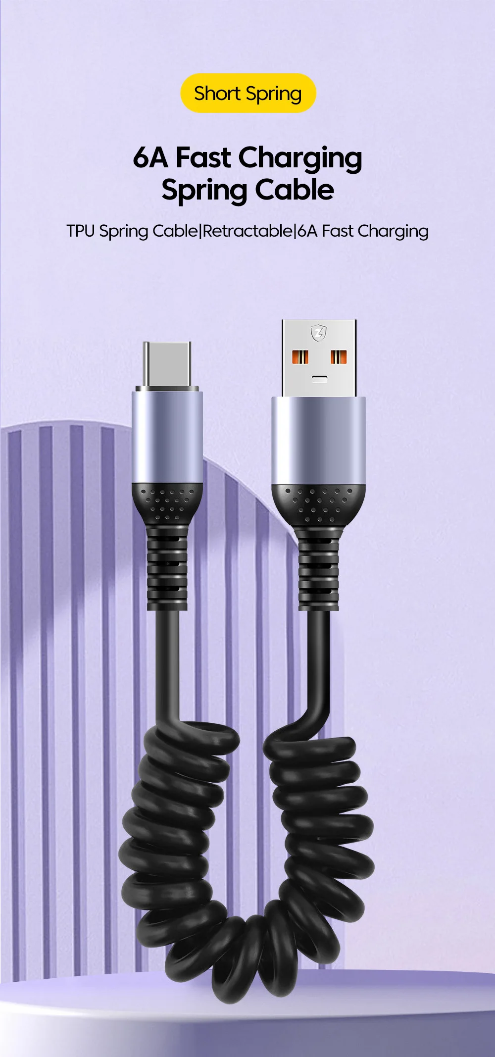 USB C إلى كابل نوع C للسيارة ، سلك شحن سريع ، سلك بيانات ، 6A ، قصير ، ربيعي ، ايفون 15 ، وايفون ، وايفون ، وشوائي ، وسامسونج ، من 25 إلى 1 متر