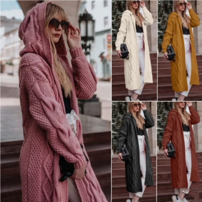 

Oversized women's new autumn and winter hot selling solid hooded long cardigan sweater Fried Dough Twists knitwear