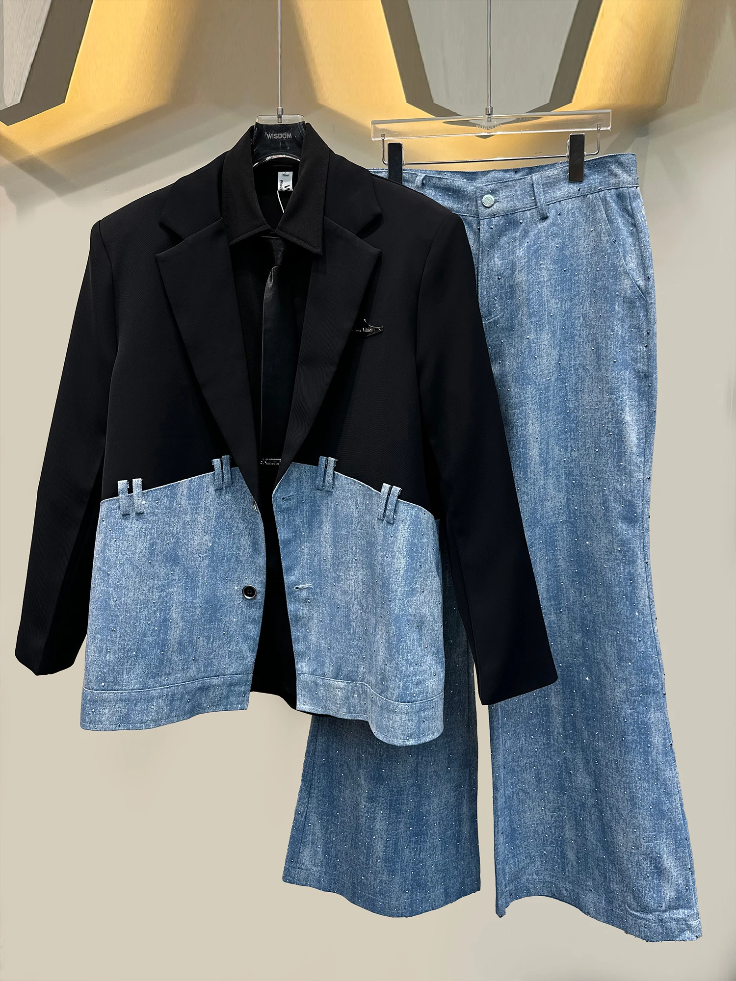 Blazers Men's Contrast Color Splicing Denim Fashion Suit Jacket Hot Diamond Design Loose Versatile Shoulder Padded Suit Jackets