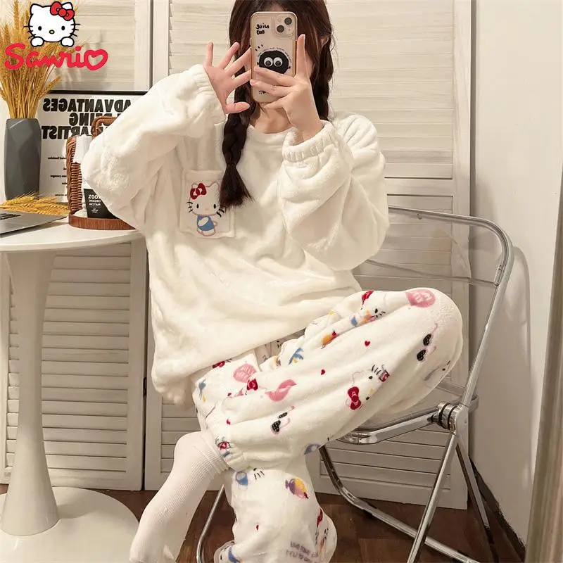 

Sanrio Hello Kitty Kuromi My Melody Pajamas Winter Loose Thicken Coral Fleece Tracksuit Keep Warm Comfortable Girlfriend Gift