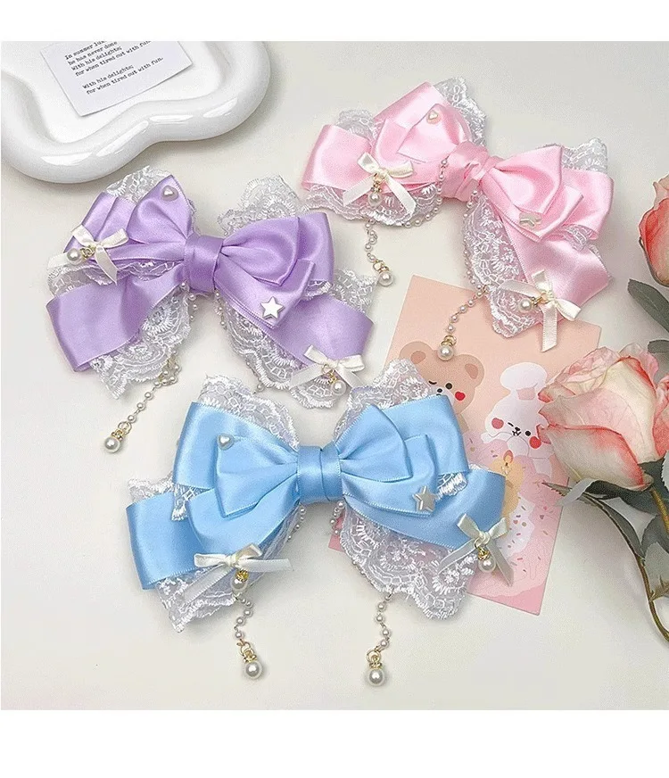 Ribbon Lace Lace Pearl Chain Large Bow Pearl Pink KC Cute Princess Headwear Hair Clip Accessories Lolita Headpiece Sweet Cute