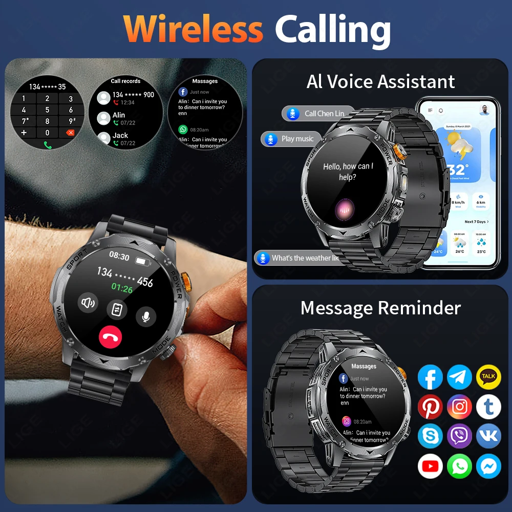 LIGE 1000mAh Long Standby Smart Watch Flashlight Bluetooth Call 1.7 Inch Health Monitoring Outdoor Sports Men Women Smartwatch