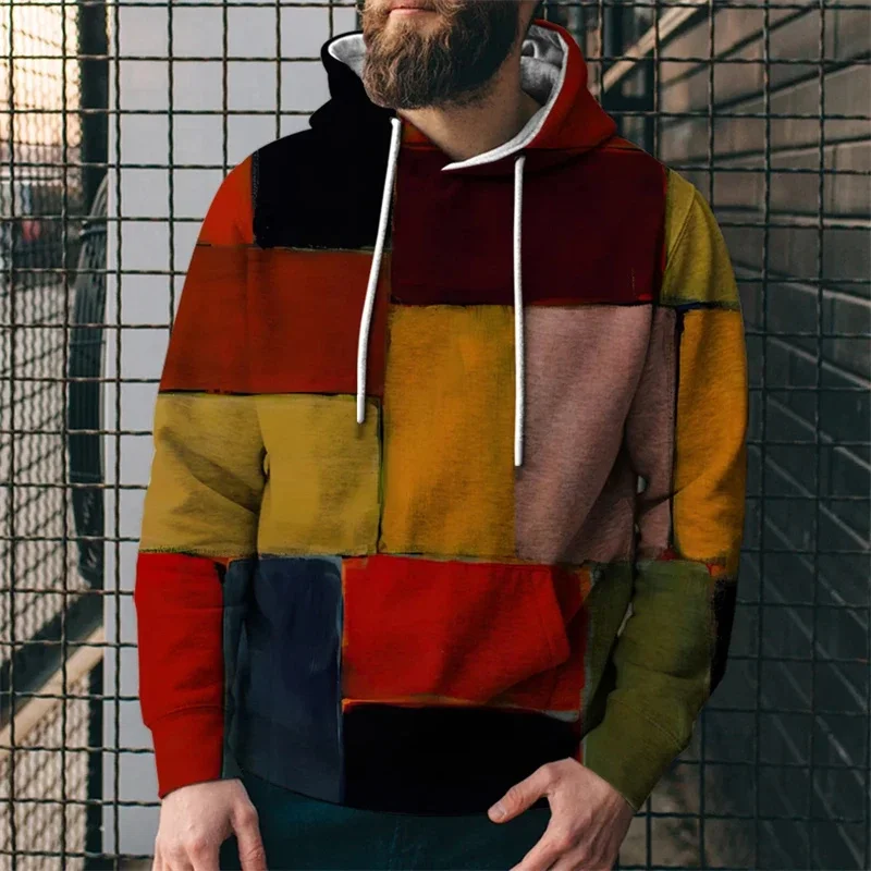 thumbnail image 1 of Sudaderas con capucha con patrón de cuadros para hombres, jerséis con estampado 3D de bloques de Color, Tops de calle Unisex, sudaderas sueltas, 1 of 5