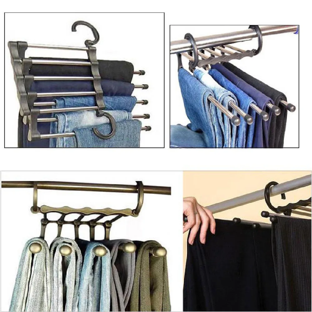 Multi-functional 5 in 1 Trouser Storage Rack Adjustable Pants Tie Storage Shelf Closet Organizer Stainless Steel Clothes Hanger 6