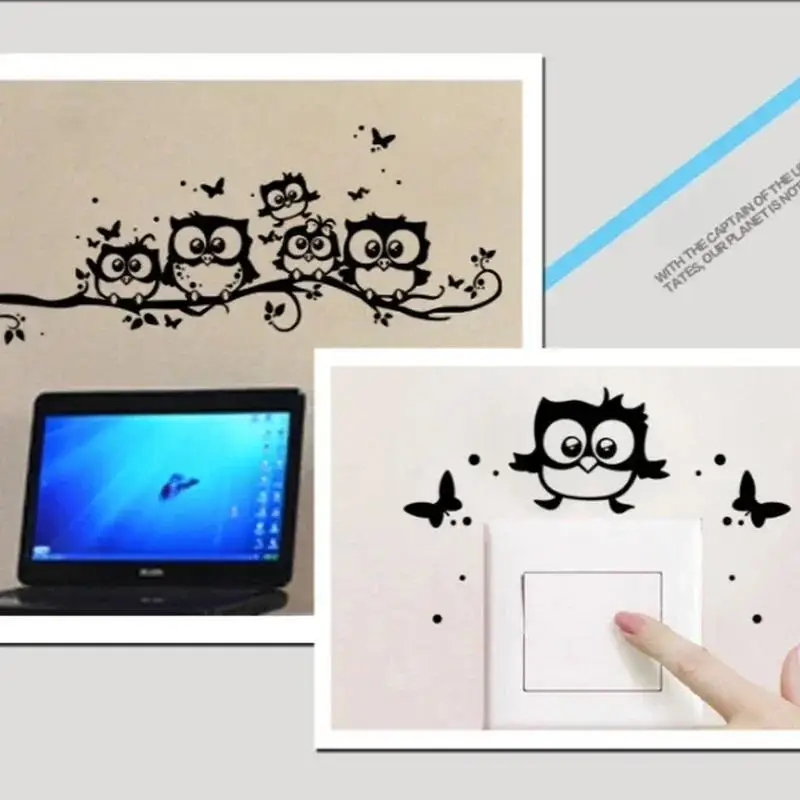 Creative Cartoon Black Owl Wall Sticker Tree Animals Bedroom Owl Butterfly Wall Sticker Home Decor Living Room Rooms Ornament