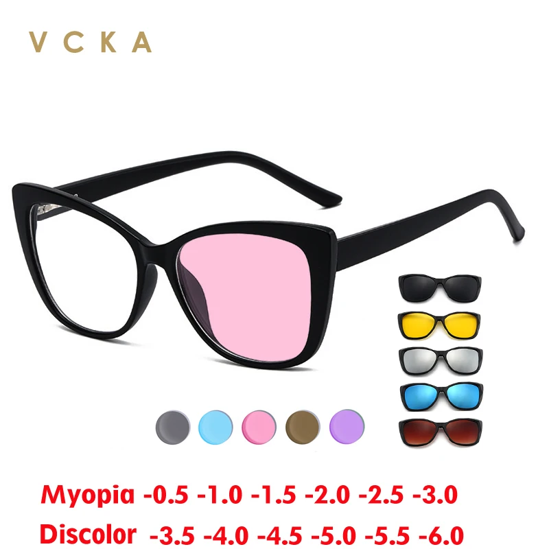 VCKA Discoloration Pink Cat Eye Myopia Glasses Frames 6 In 1 Women Fashion Polarized Sunglasses Magnetic Clip On -0.5 to -10