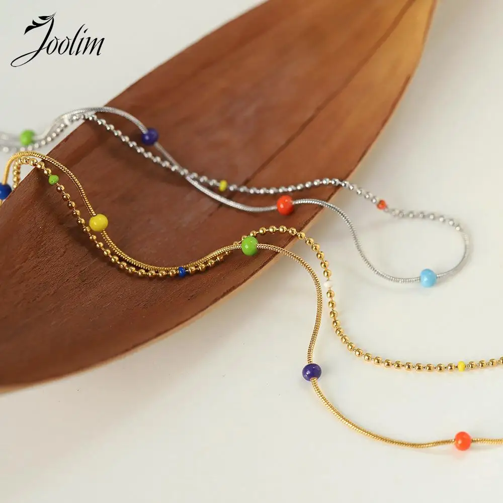 

Joolim Jewelry Wholesale Fashion Jelly Bean Colored Spliced Beaded Beanie Dopamine Chain Stainless Steel Necklace for Women
