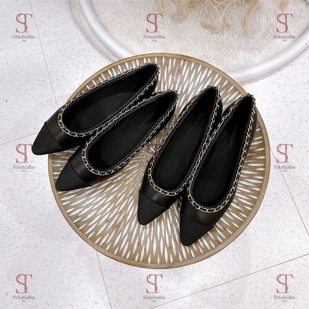 

Black Leather Shoes Pointed Toes Shallow Flats Shoes For Woman Real Leather Women's Shoes Plus Size 35-43 Chain Shoes