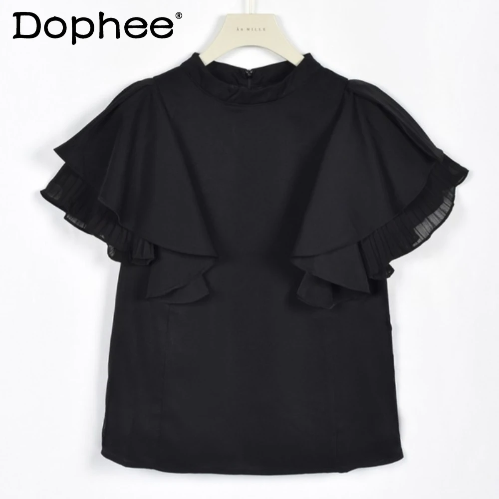 

2023 Japanese Style Summer New Sweet Lojit Layers Ruffle Sleeve Short Sleeve Stand Collar Shirt Top Blouse For Women's Clothing